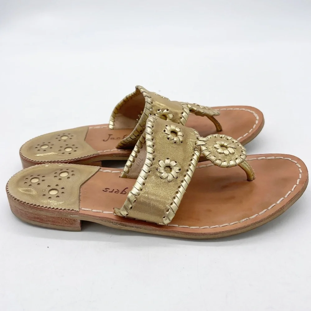 JACK ROGERS Jacks Flat Gold Leather Whipstitch Thong Sandals - Picture 4 of 11